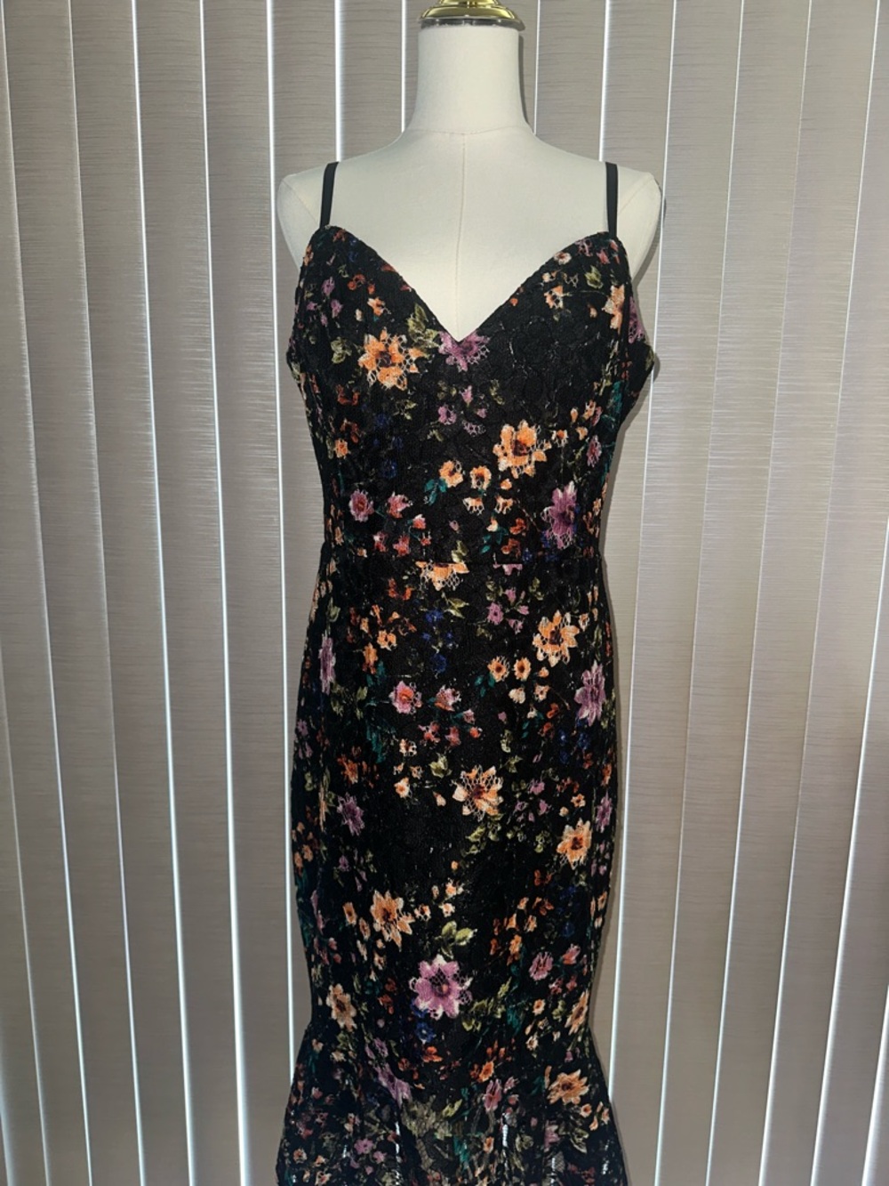 Guess Black Floral Lace Midi Dress with Multicolor Blooms